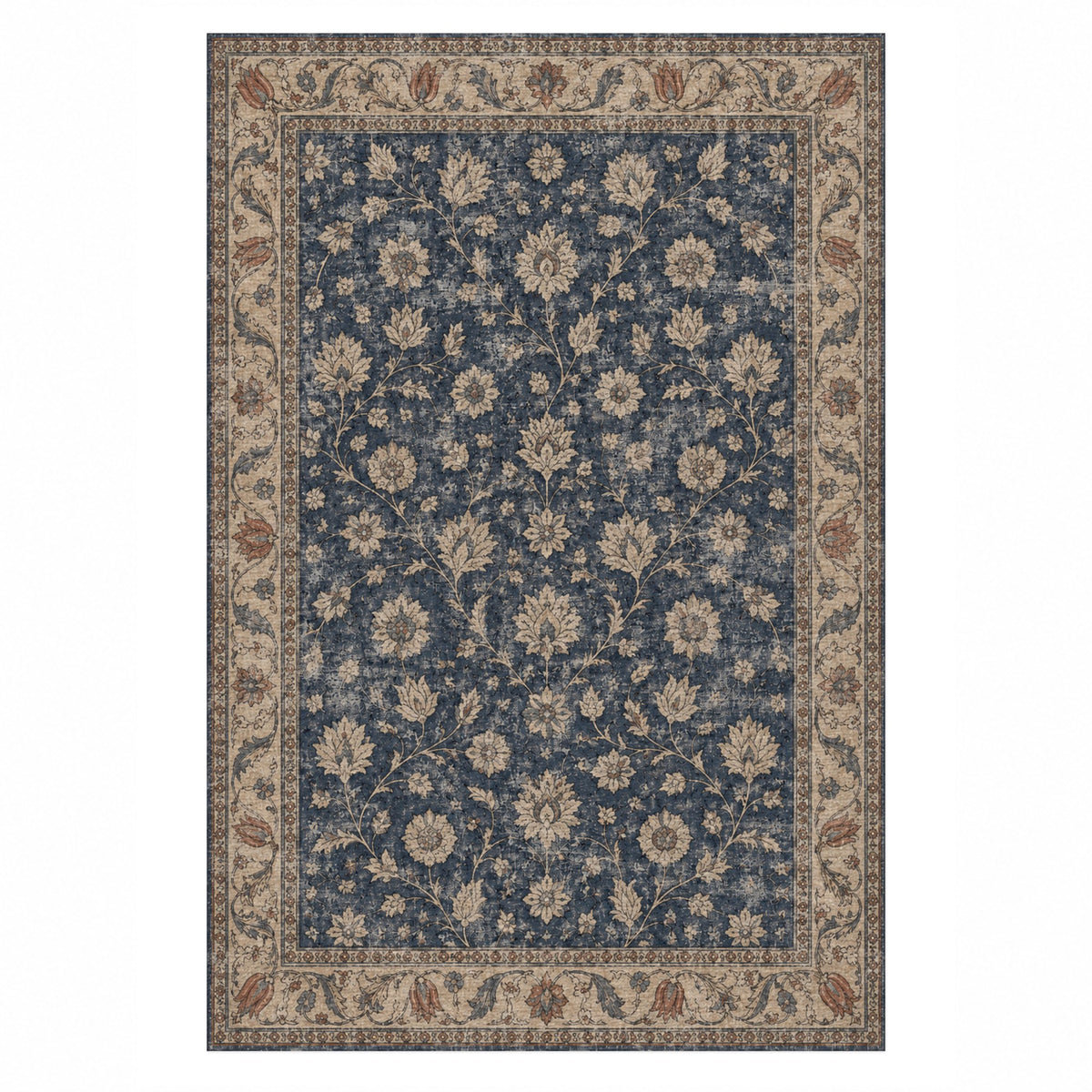 Faded Floral Navy Blue Vintage Washable Rug — top view