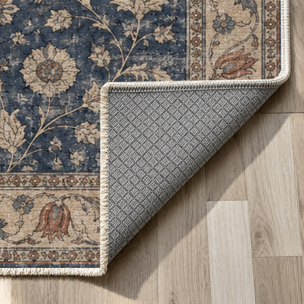 Faded Floral Navy Blue Vintage Washable Rug — backing close up