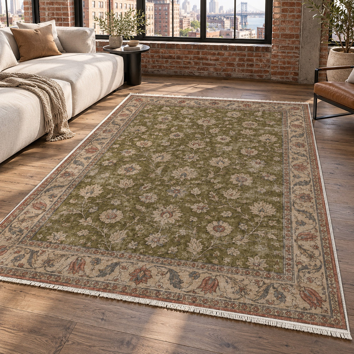 Faded Floral Olive Green Vintage Washable Rug — new york living