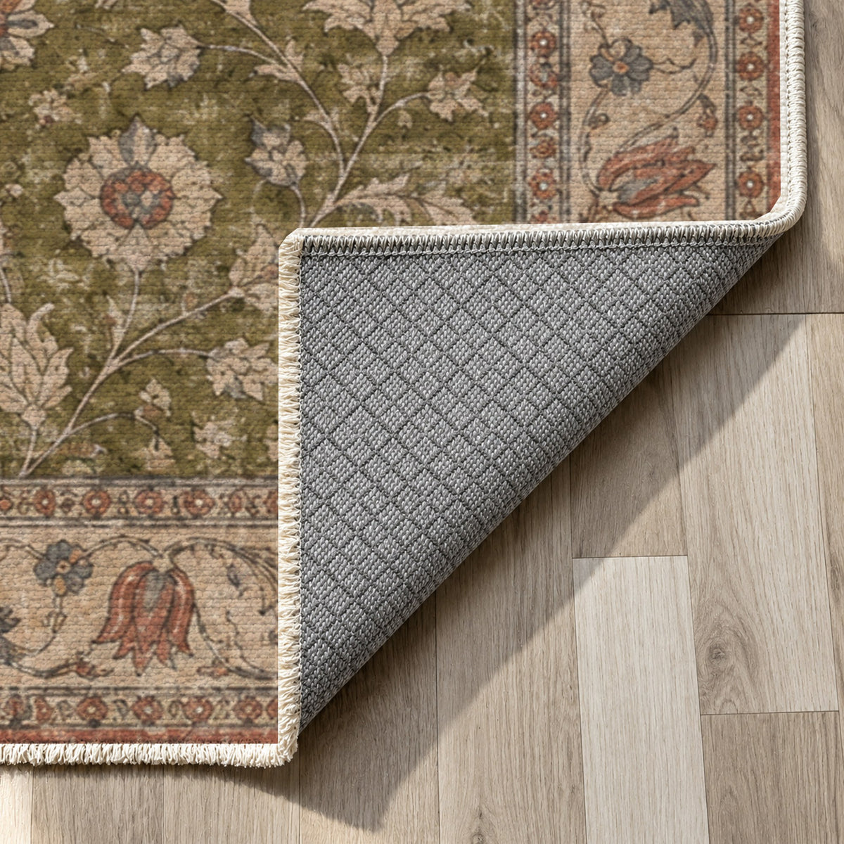Faded Floral Olive Green Vintage Washable Rug — backing close up