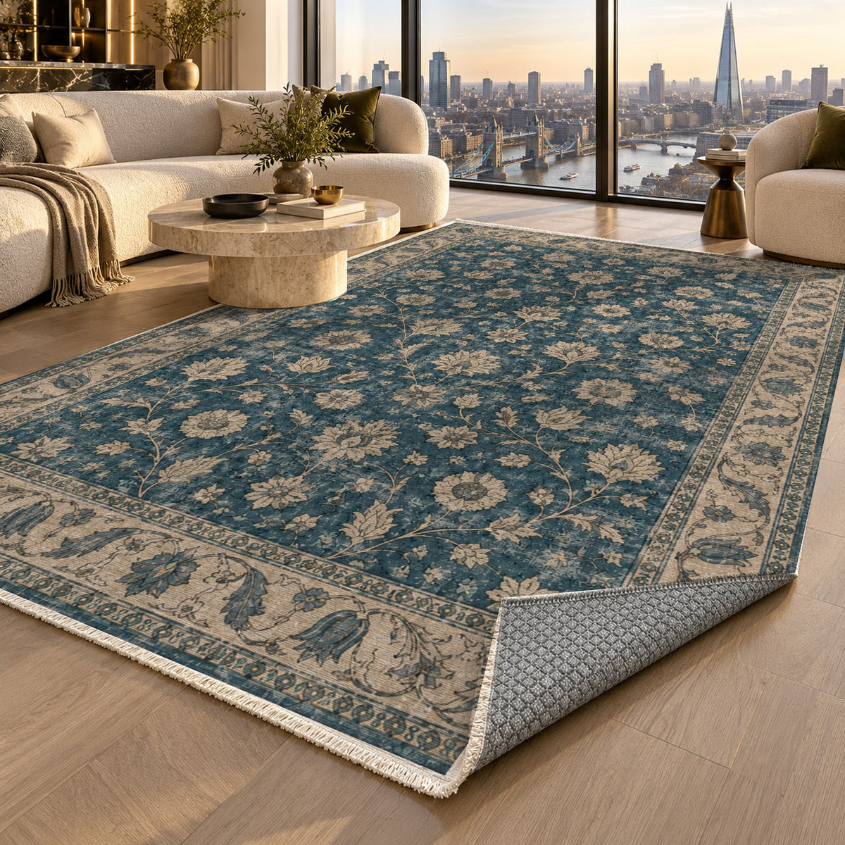 Faded Floral Petrol Blue Vintage Washable Rug — london luxury living