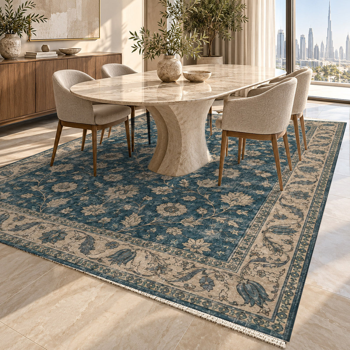 Faded Floral Petrol Blue Vintage Washable Rug — dubai dining