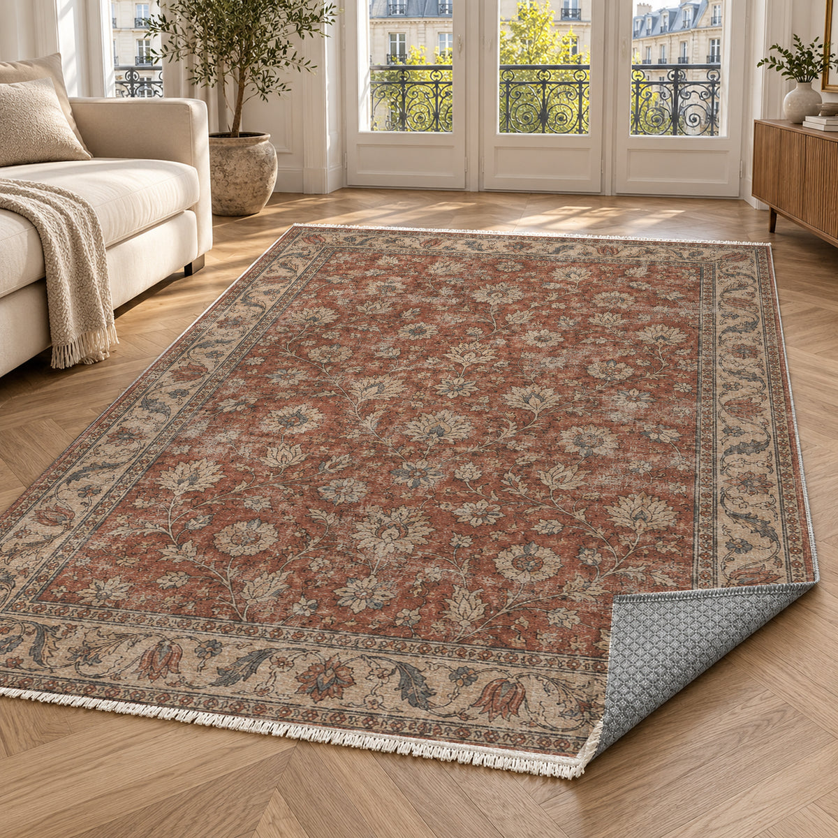 Faded Floral Red Vintage Washable Rug — paris living
