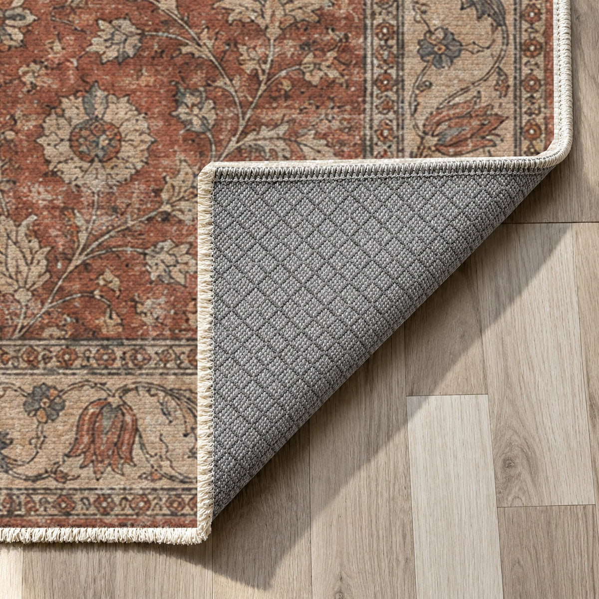 Faded Floral Red Vintage Washable Rug — backing close up