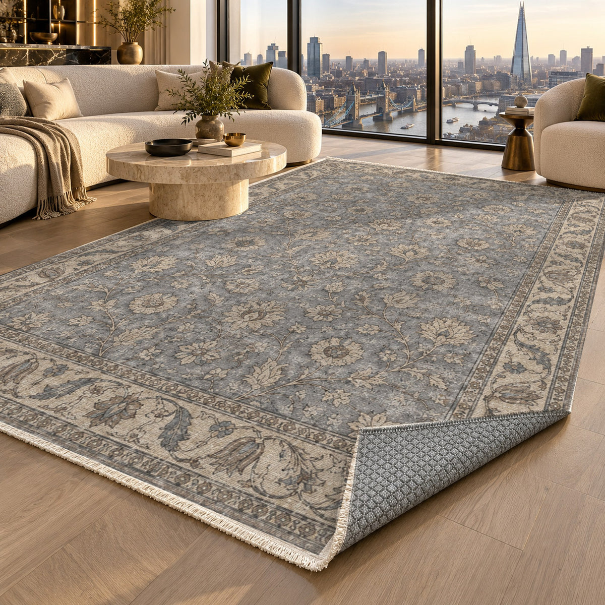 Faded Floral Silver Grey Vintage Washable Rug — london luxury living