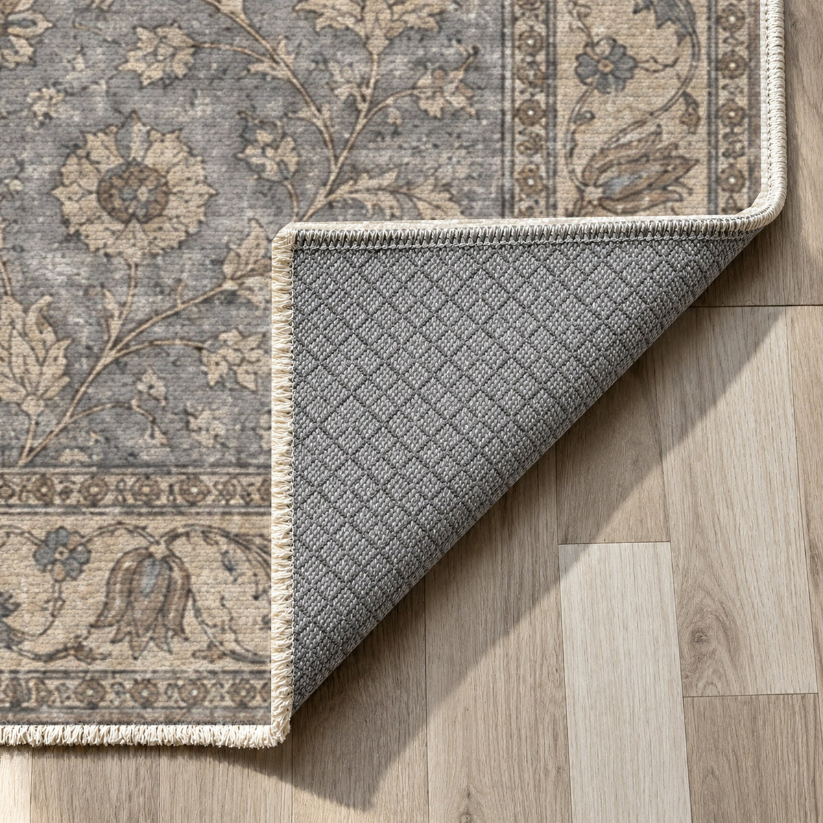 Faded Floral Silver Grey Vintage Washable Rug — backing close up