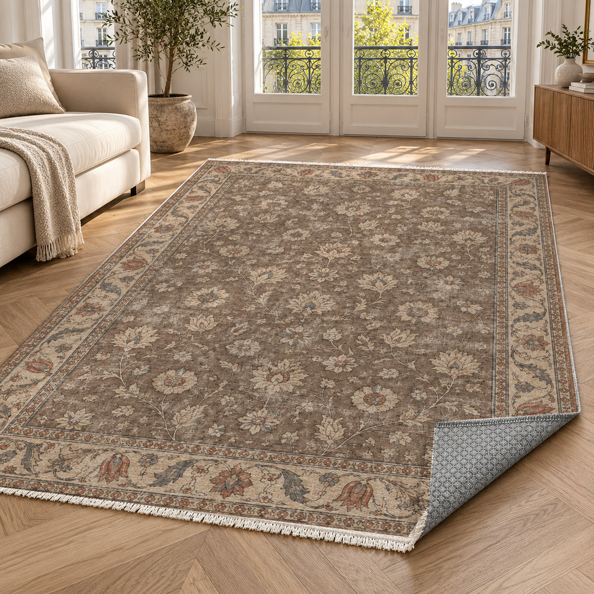 Faded Floral Taupe Vintage Washable Rug — paris living