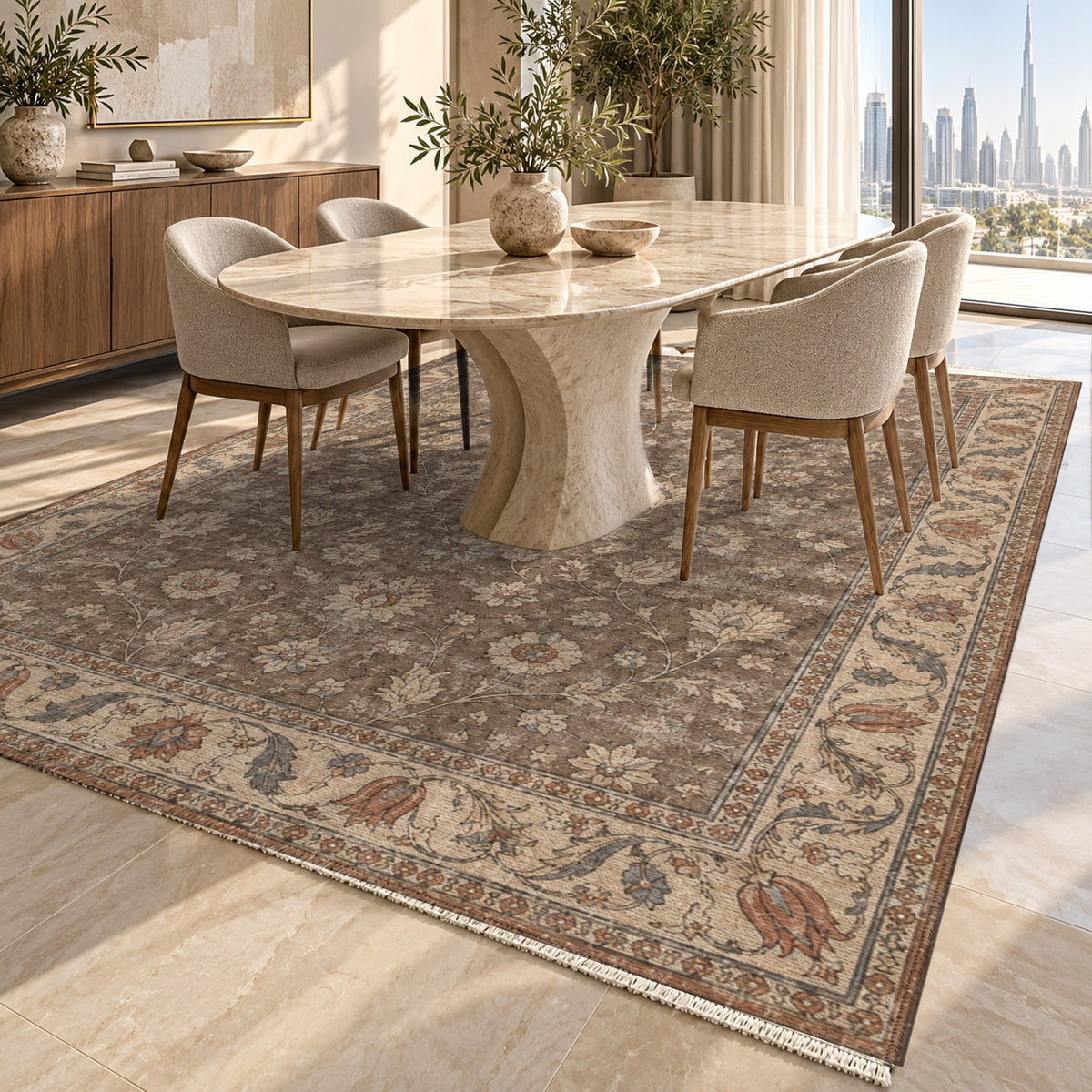 Faded Floral Taupe Vintage Washable Rug — dubai dining