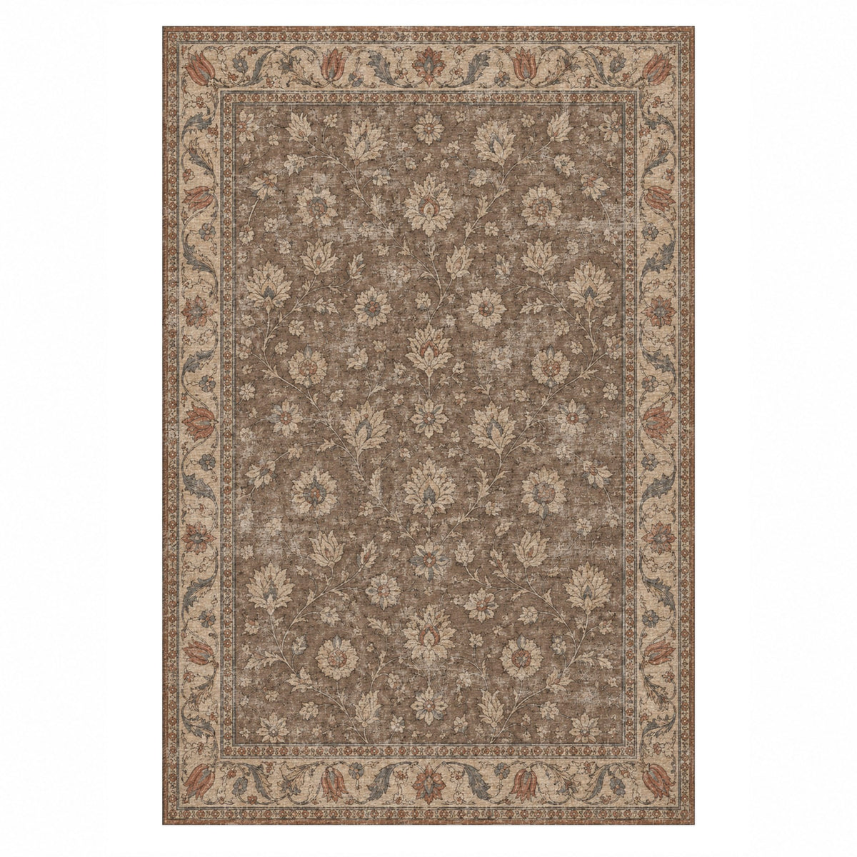 Faded Floral Taupe Vintage Washable Rug — top view