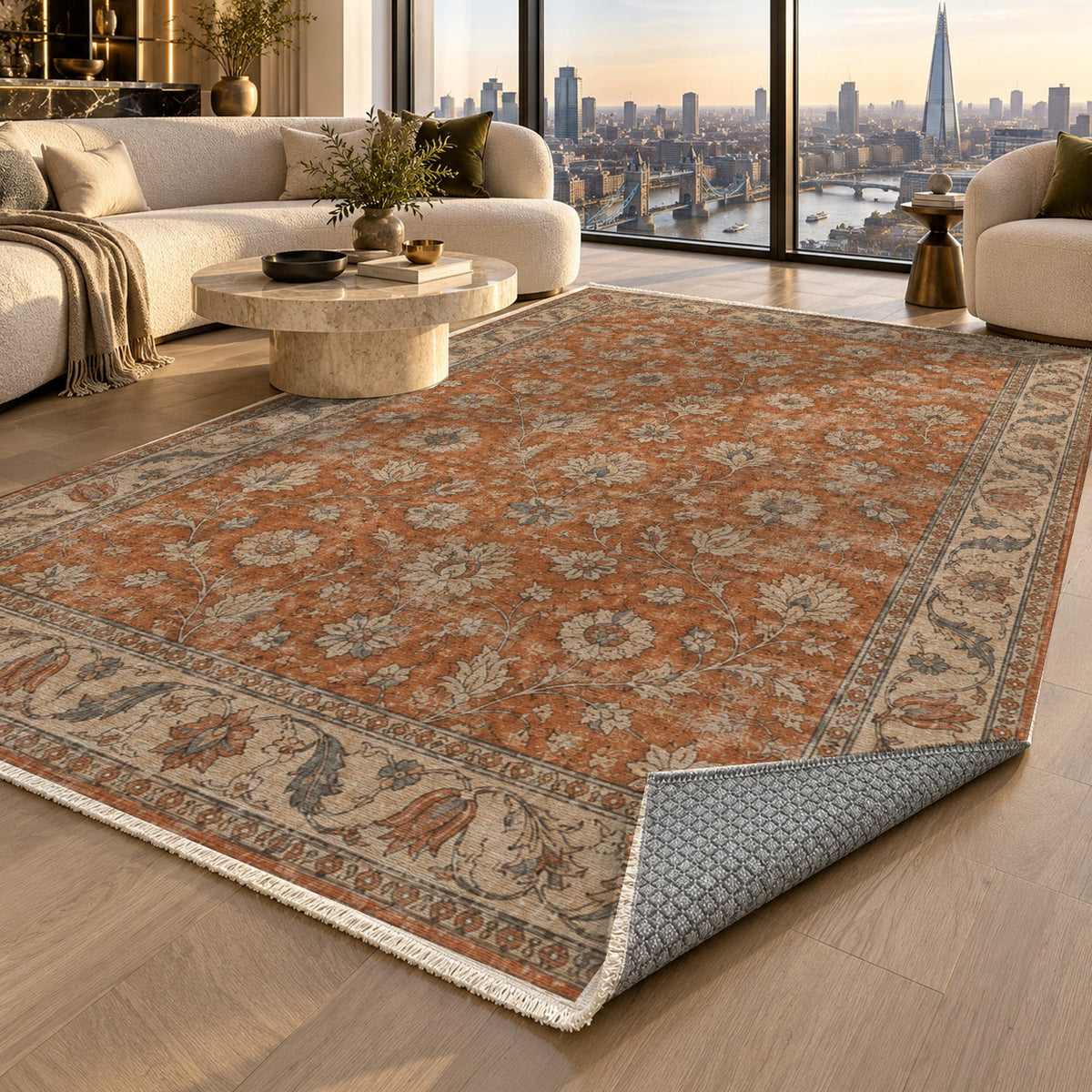 Faded Floral Terracotta Vintage Washable Rug — london luxury living