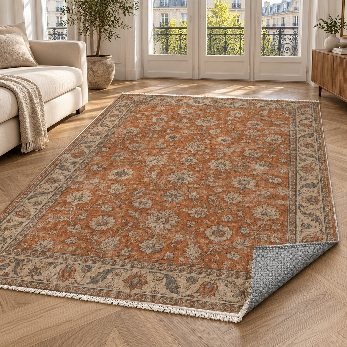 Faded Floral Terracotta Vintage Washable Rug — paris living