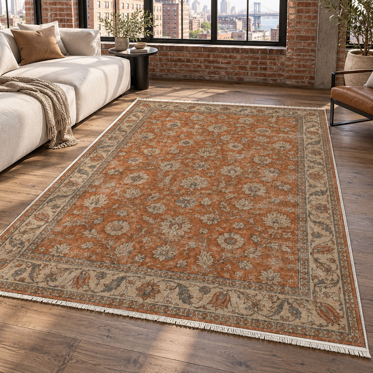 Faded Floral Terracotta Vintage Washable Rug — new york living