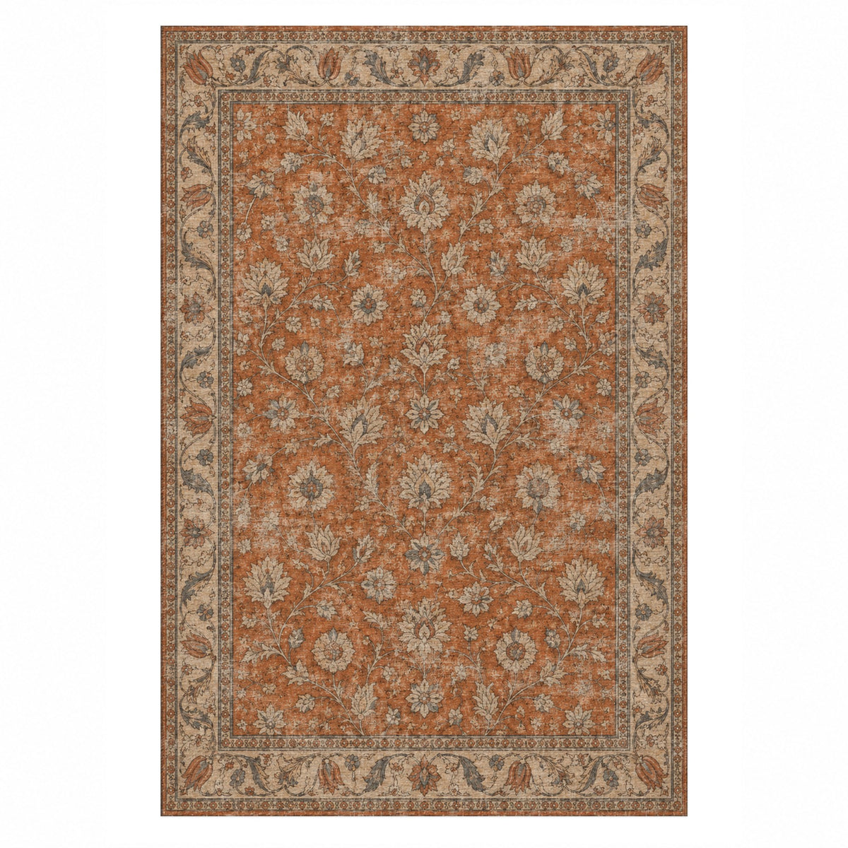 Faded Floral Terracotta Vintage Washable Rug — top view