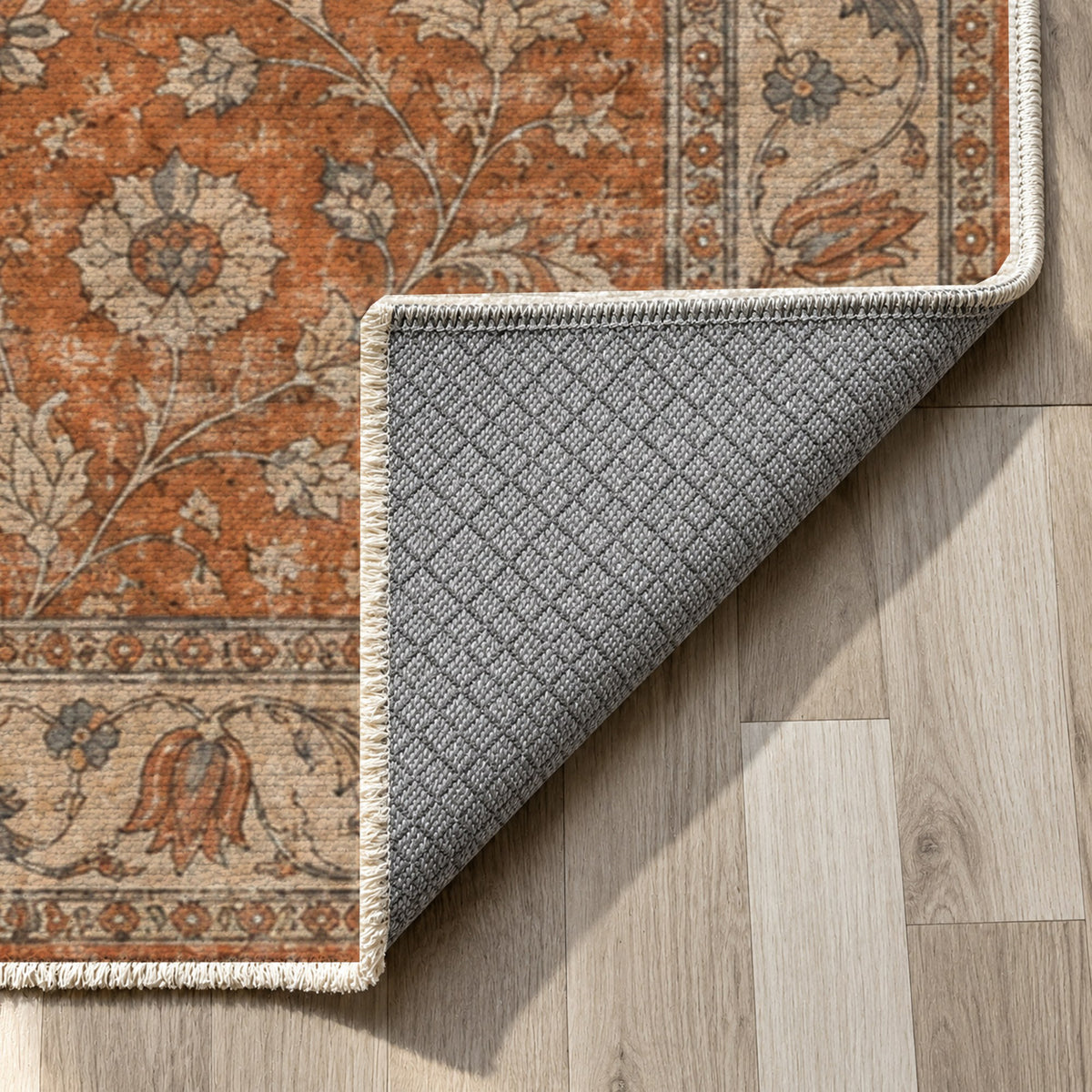 Faded Floral Terracotta Vintage Washable Rug — backing close up