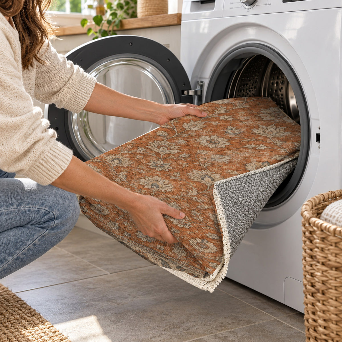 Faded Floral Terracotta Vintage Washable Rug — washing machine