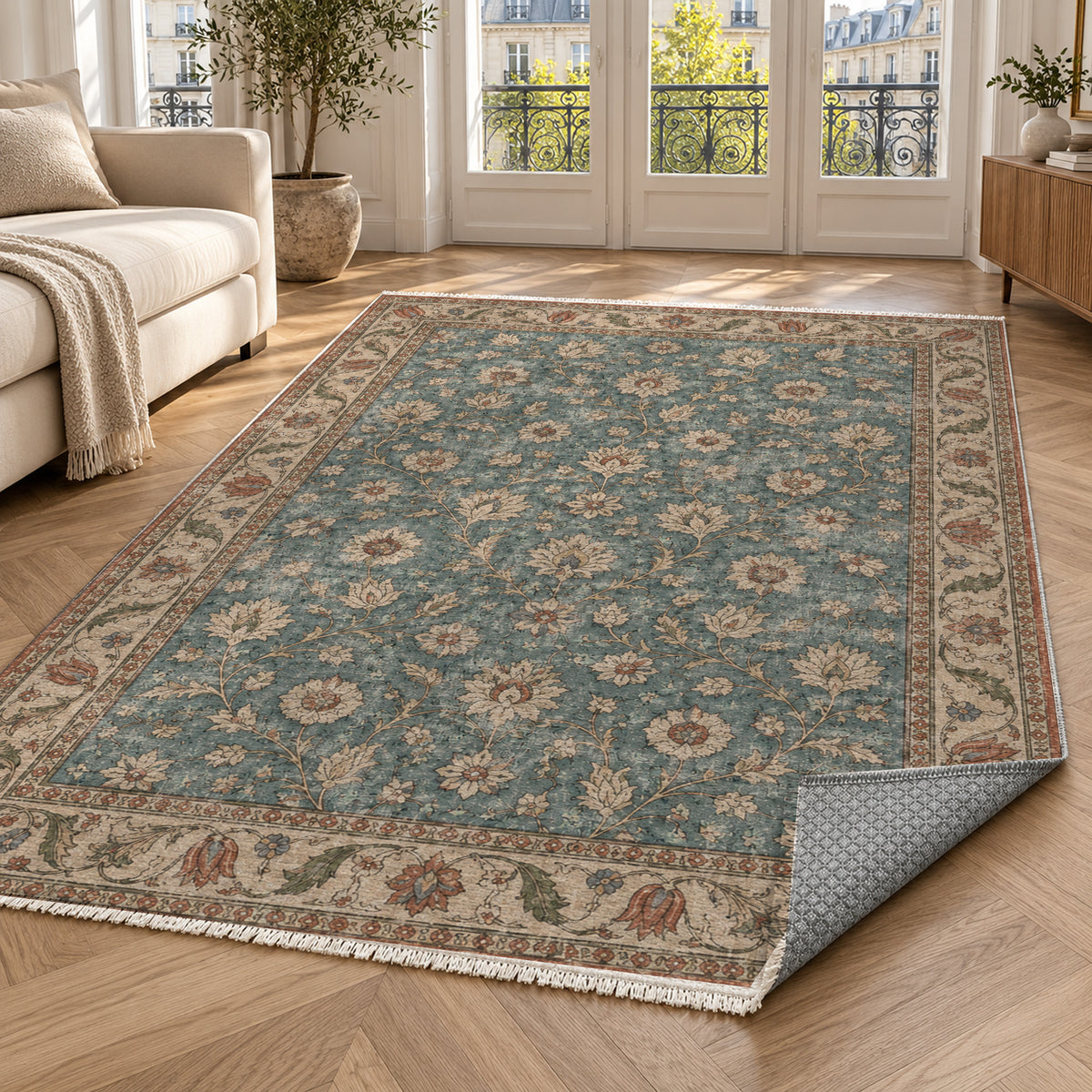 Faded Floral Turquoise Vintage Washable Rug — paris living