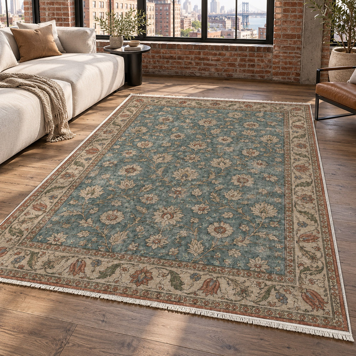 Faded Floral Turquoise Vintage Washable Rug — new york living