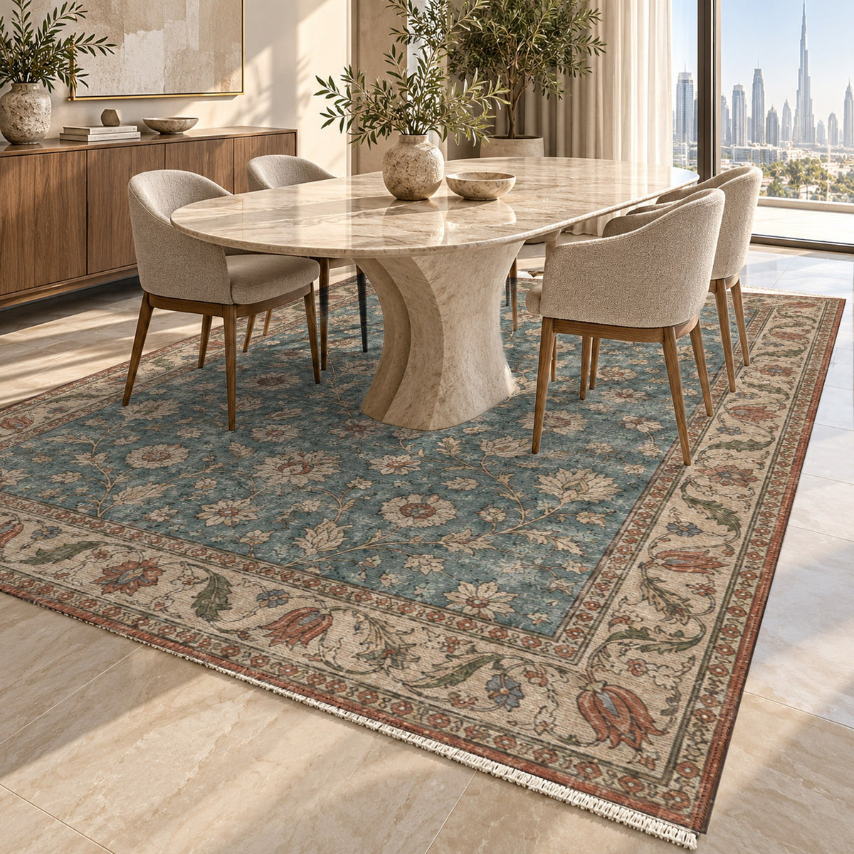Faded Floral Turquoise Vintage Washable Rug — dubai dining