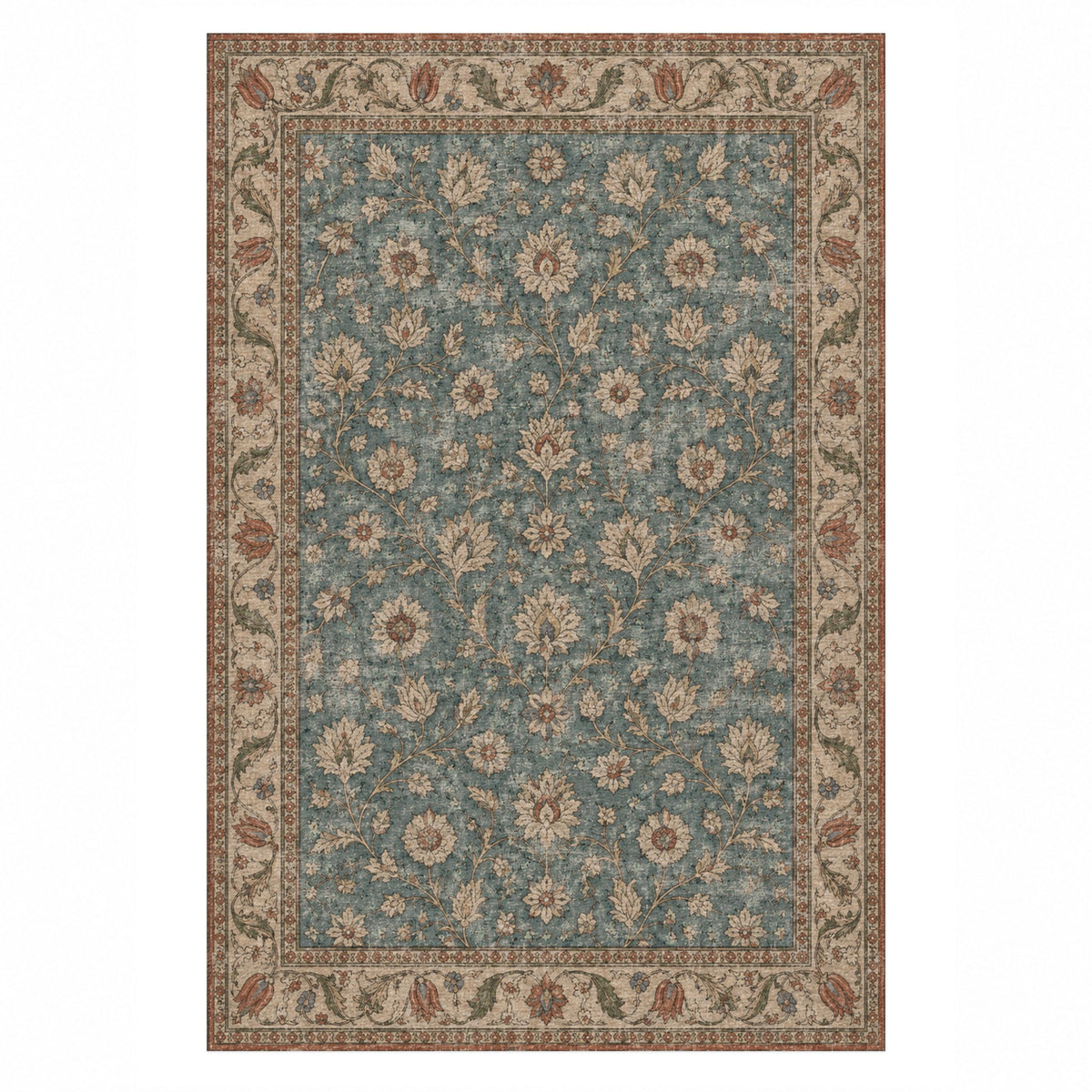 Faded Floral Turquoise Vintage Washable Rug — top view