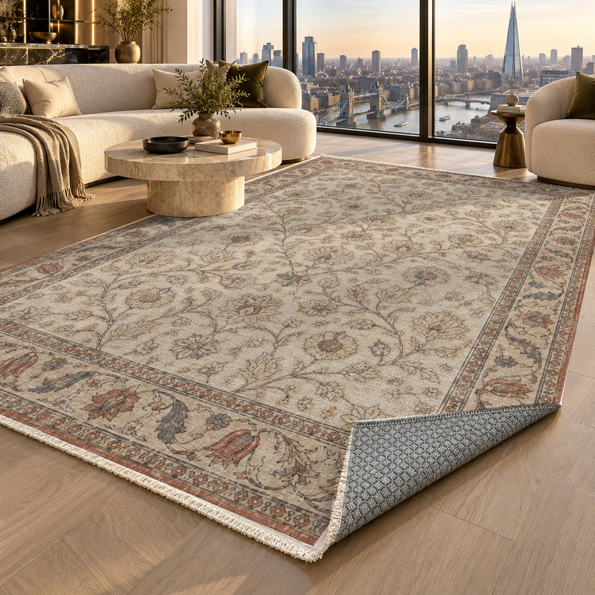 Faded Floral Warm Ivory Vintage Washable Rug — london luxury living