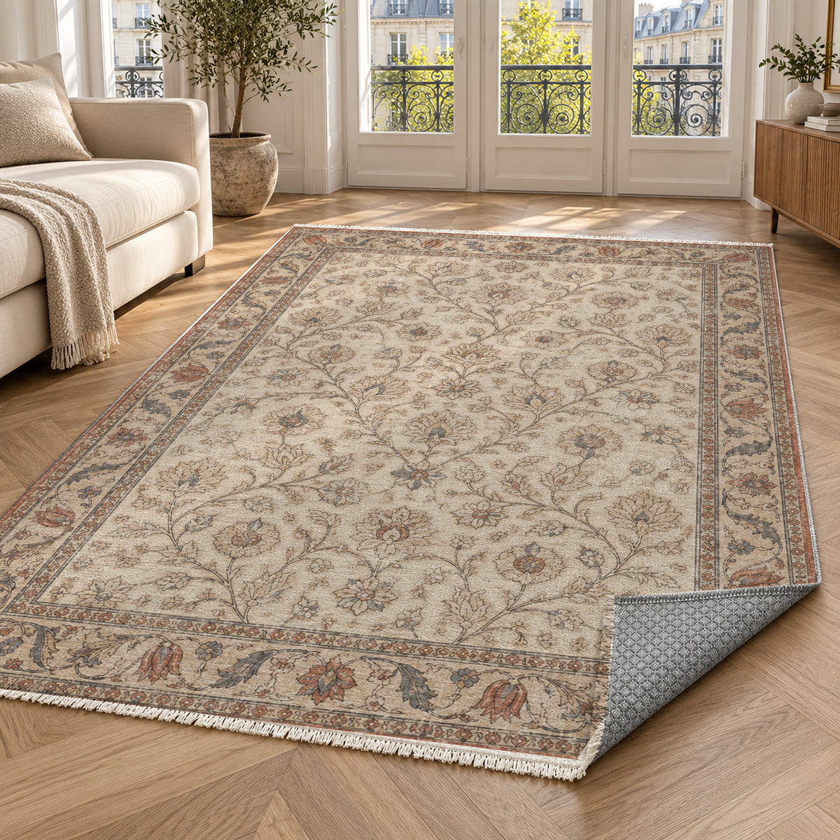 Faded Floral Warm Ivory Vintage Washable Rug — paris living