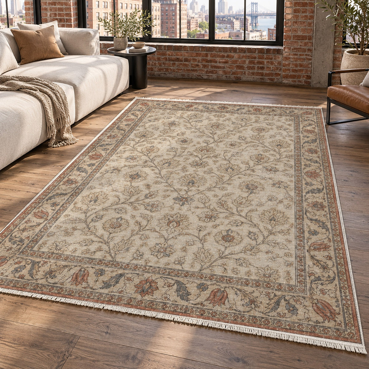 Faded Floral Warm Ivory Vintage Washable Rug — new york living