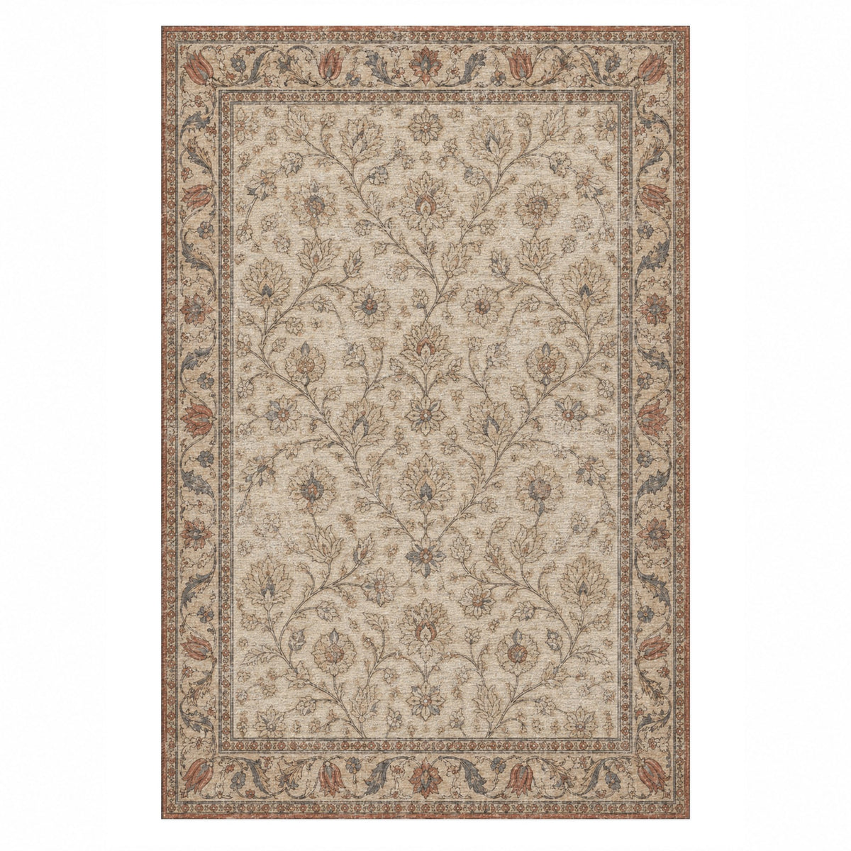 Faded Floral Warm Ivory Vintage Washable Rug — top view