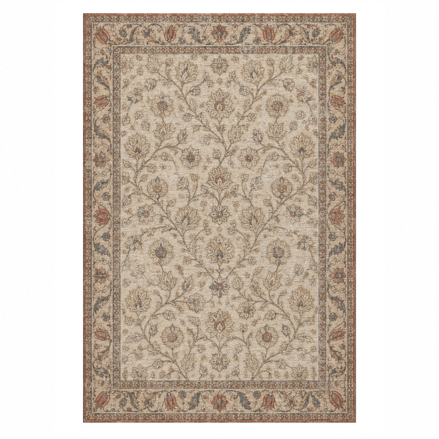 Faded Floral Warm Ivory Vintage Washable Rug