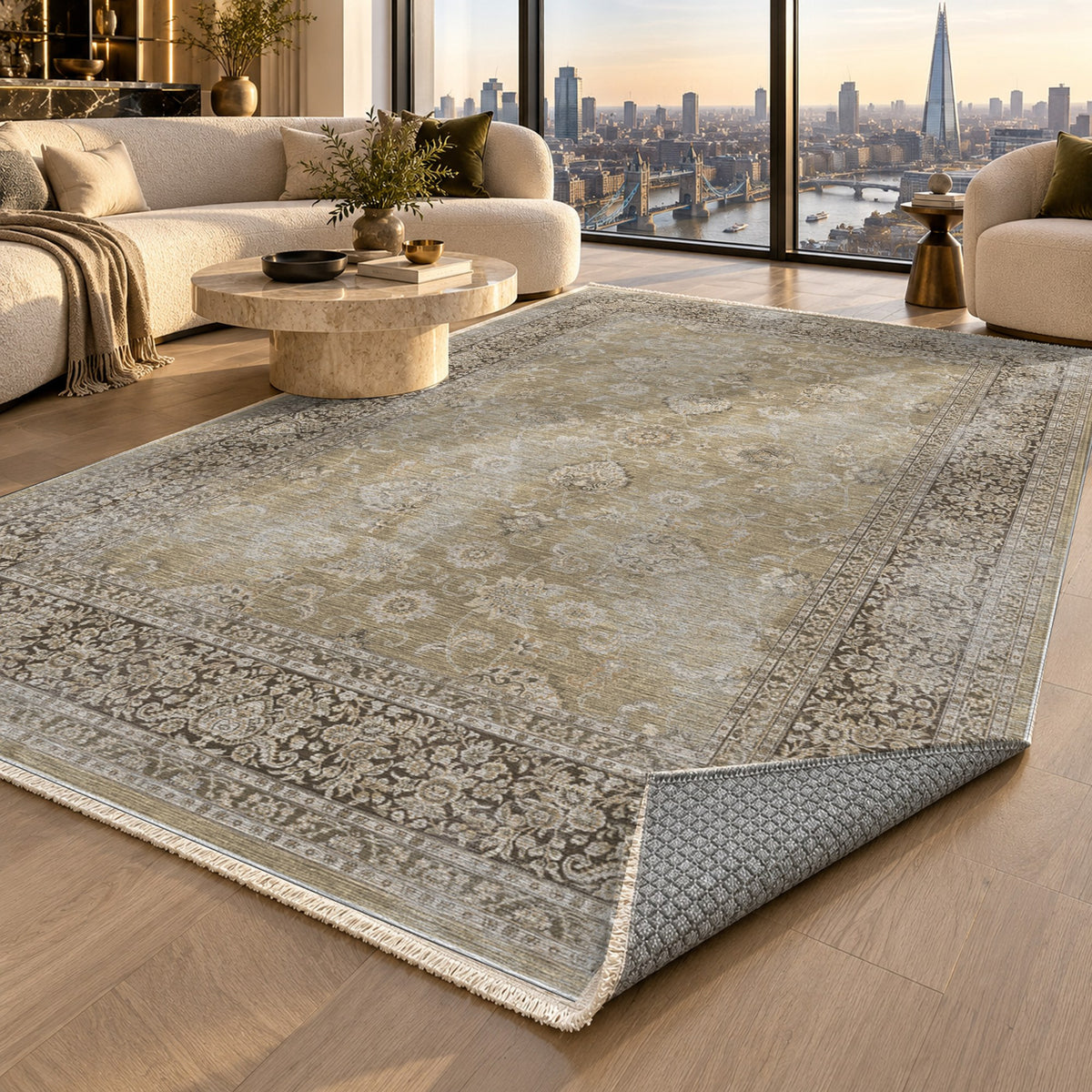 Faded Heriz Beige Vintage Washable Rug — london luxury living