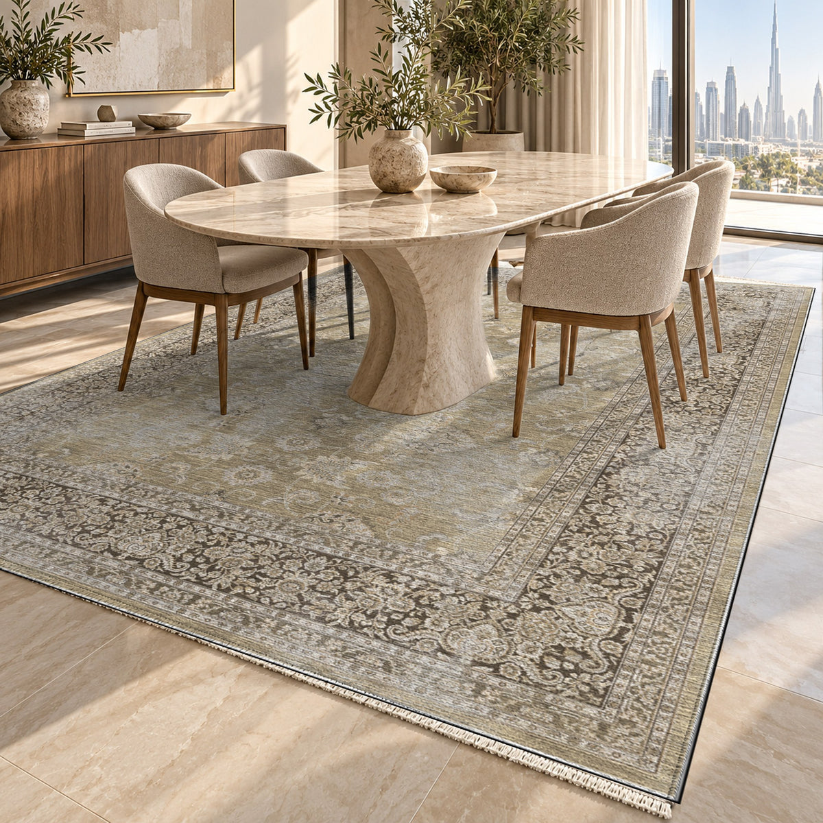 Faded Heriz Beige Vintage Washable Rug — dubai dining