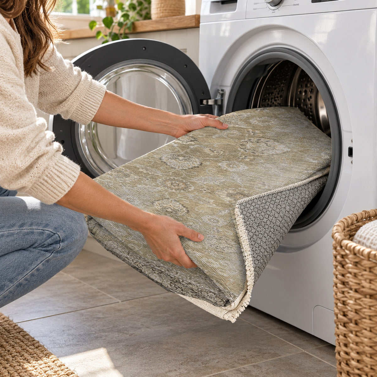 Faded Heriz Beige Vintage Washable Rug — washing machine