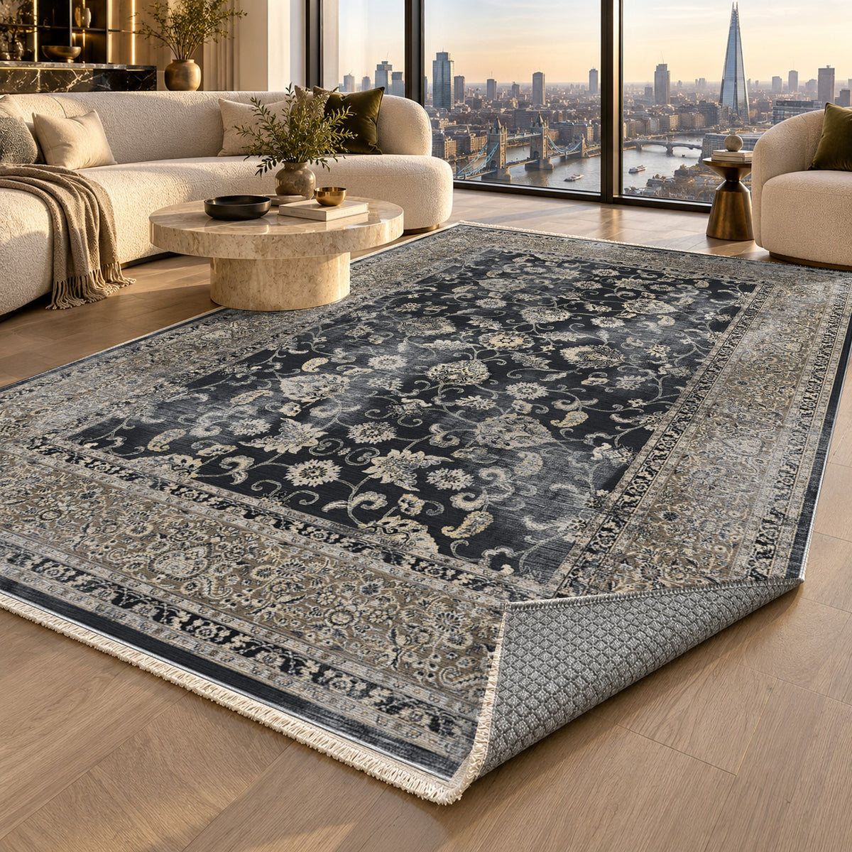 Faded Heriz Black Vintage Washable Rug — london luxury living