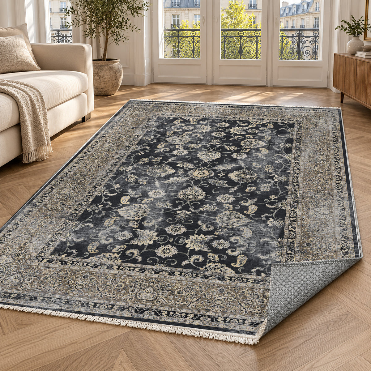 Faded Heriz Black Vintage Washable Rug — paris living
