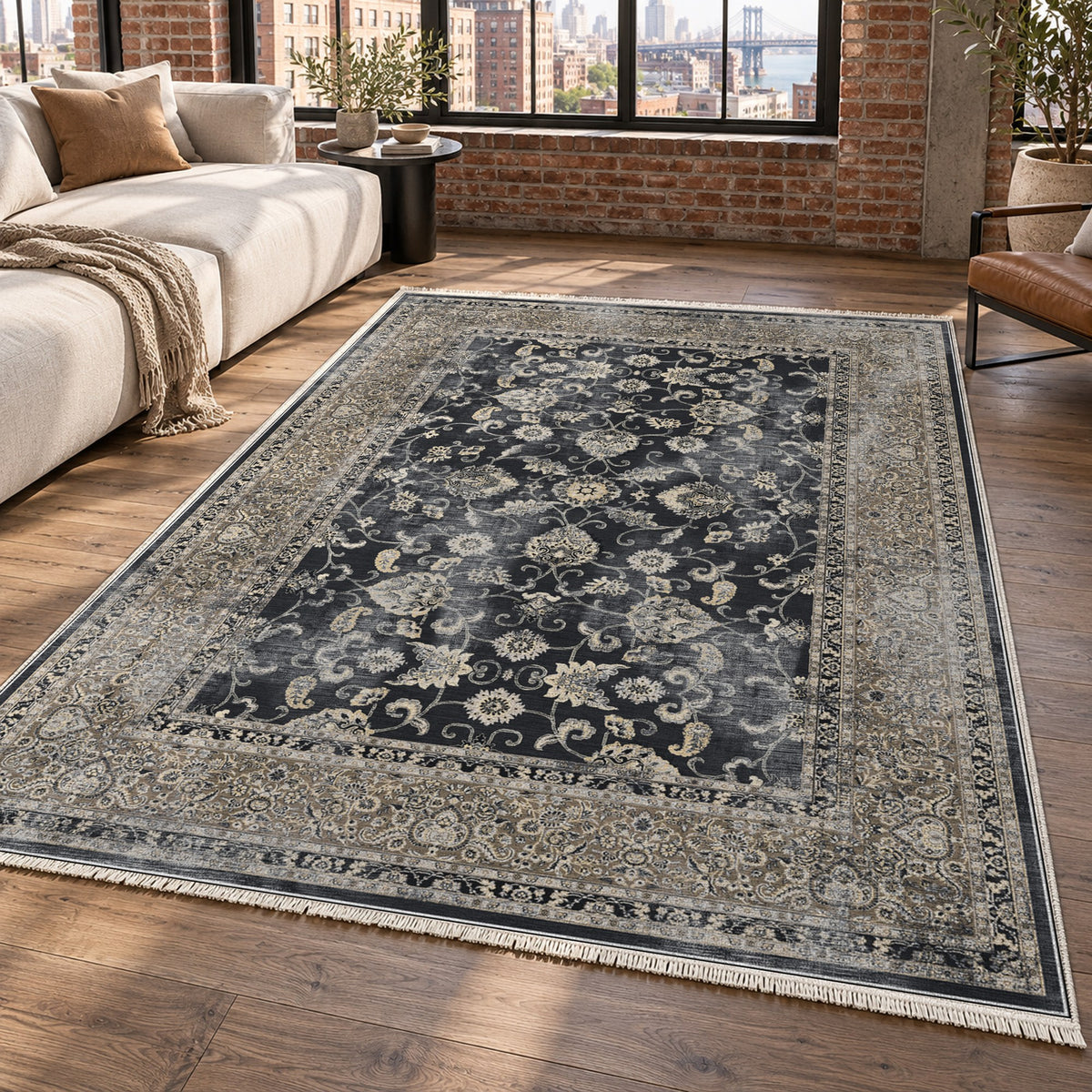 Faded Heriz Black Vintage Washable Rug — new york living
