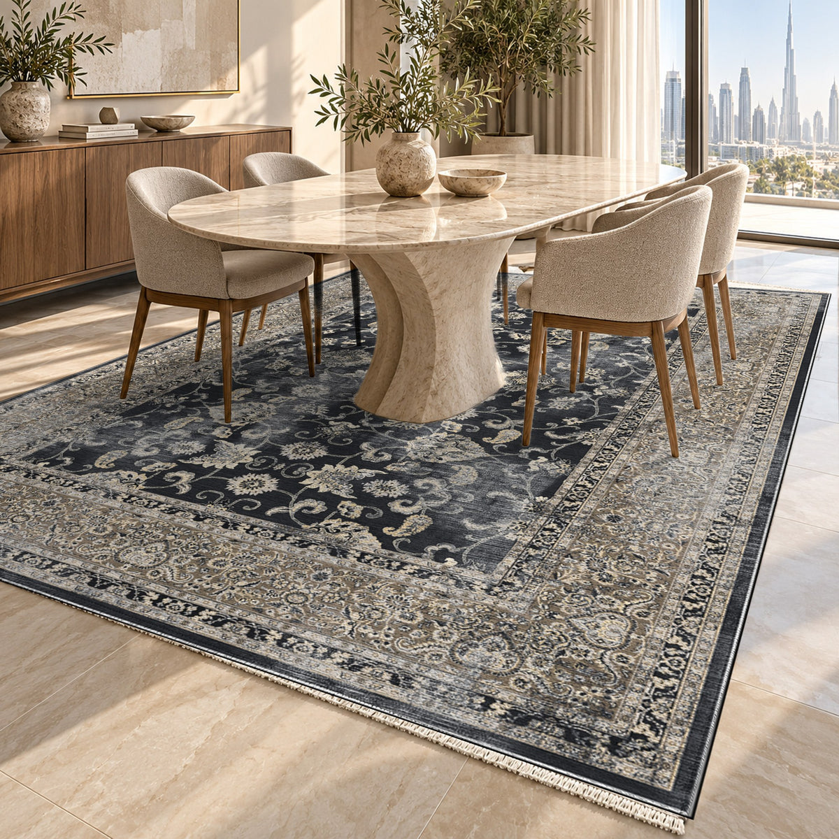 Faded Heriz Black Vintage Washable Rug — dubai dining