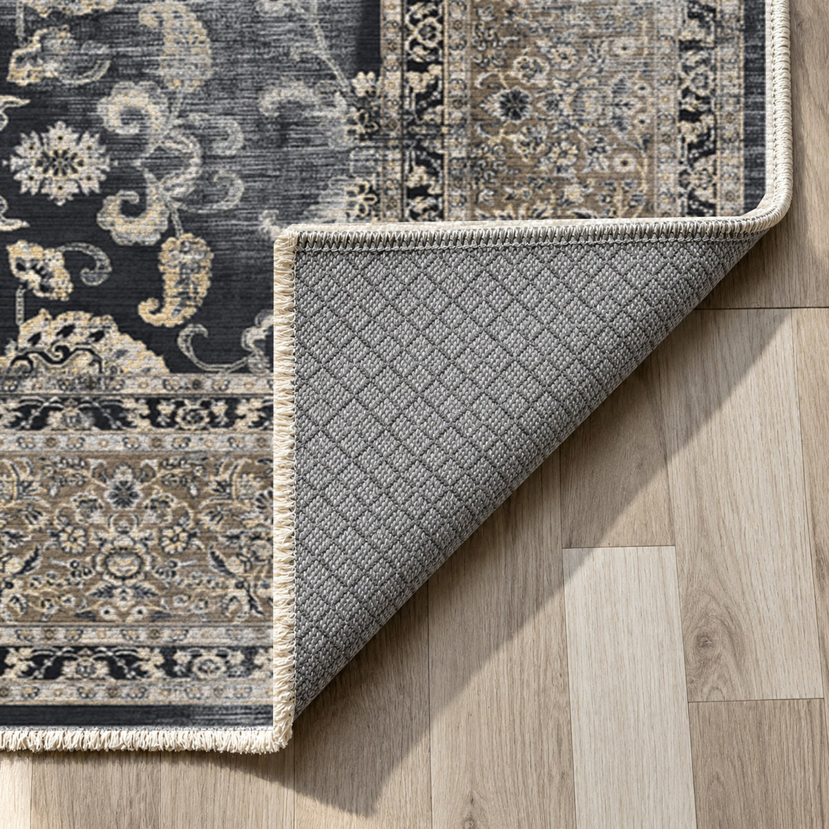 Faded Heriz Black Vintage Washable Rug — backing close up
