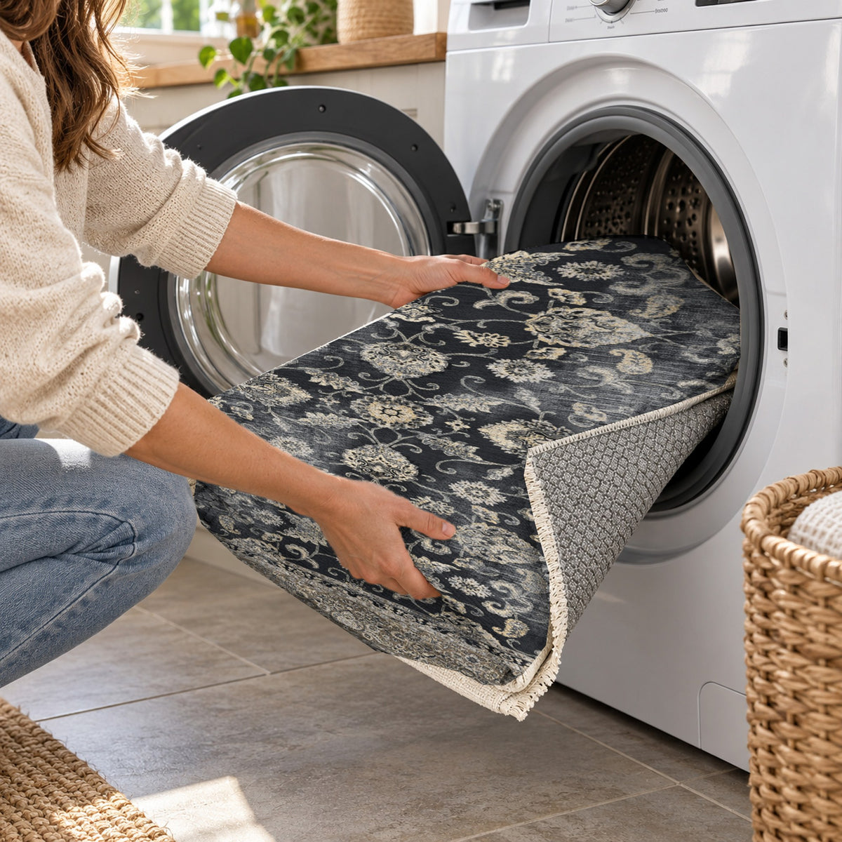 Faded Heriz Black Vintage Washable Rug — washing machine