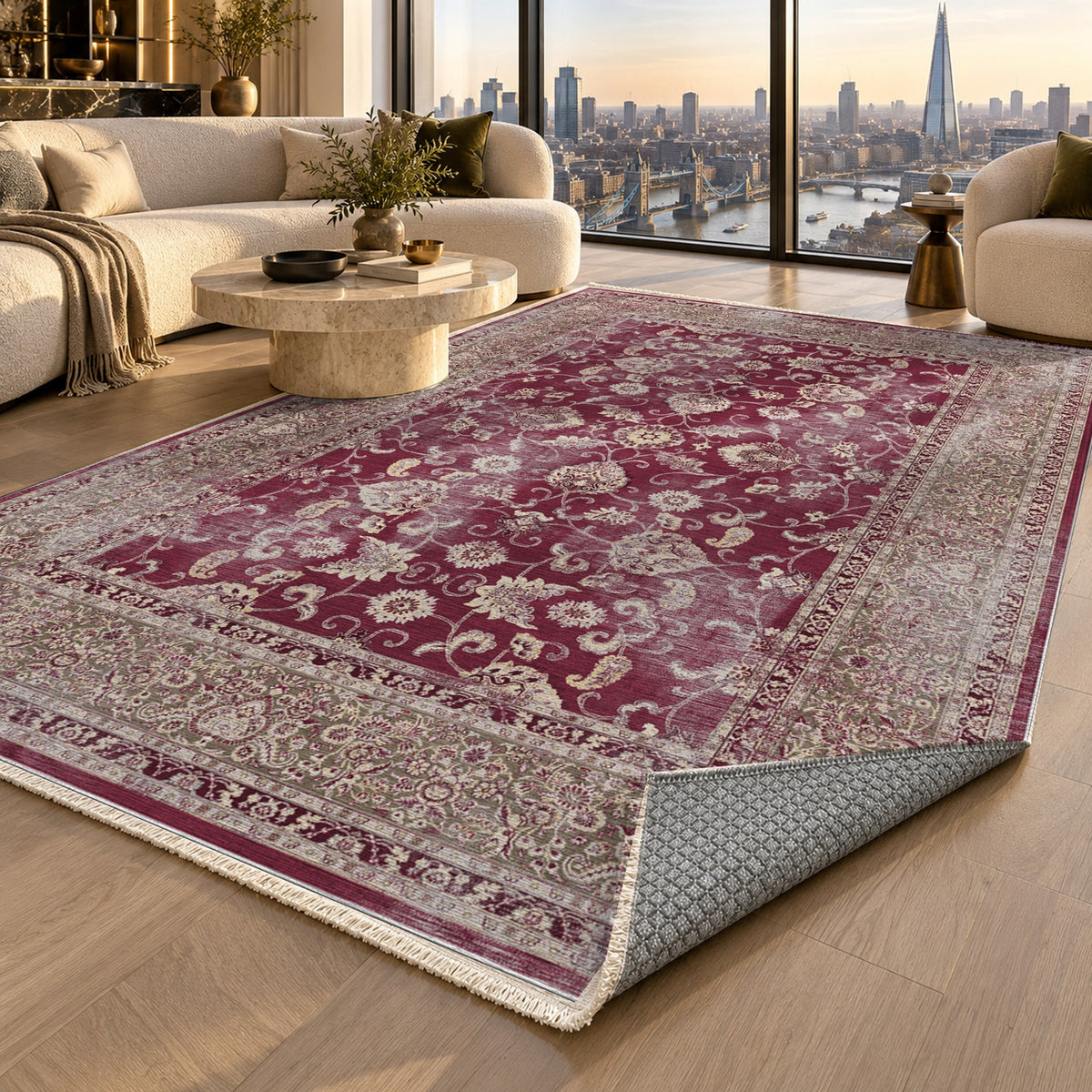 Faded Heriz Burgundy Red Vintage Washable Rug — london luxury living