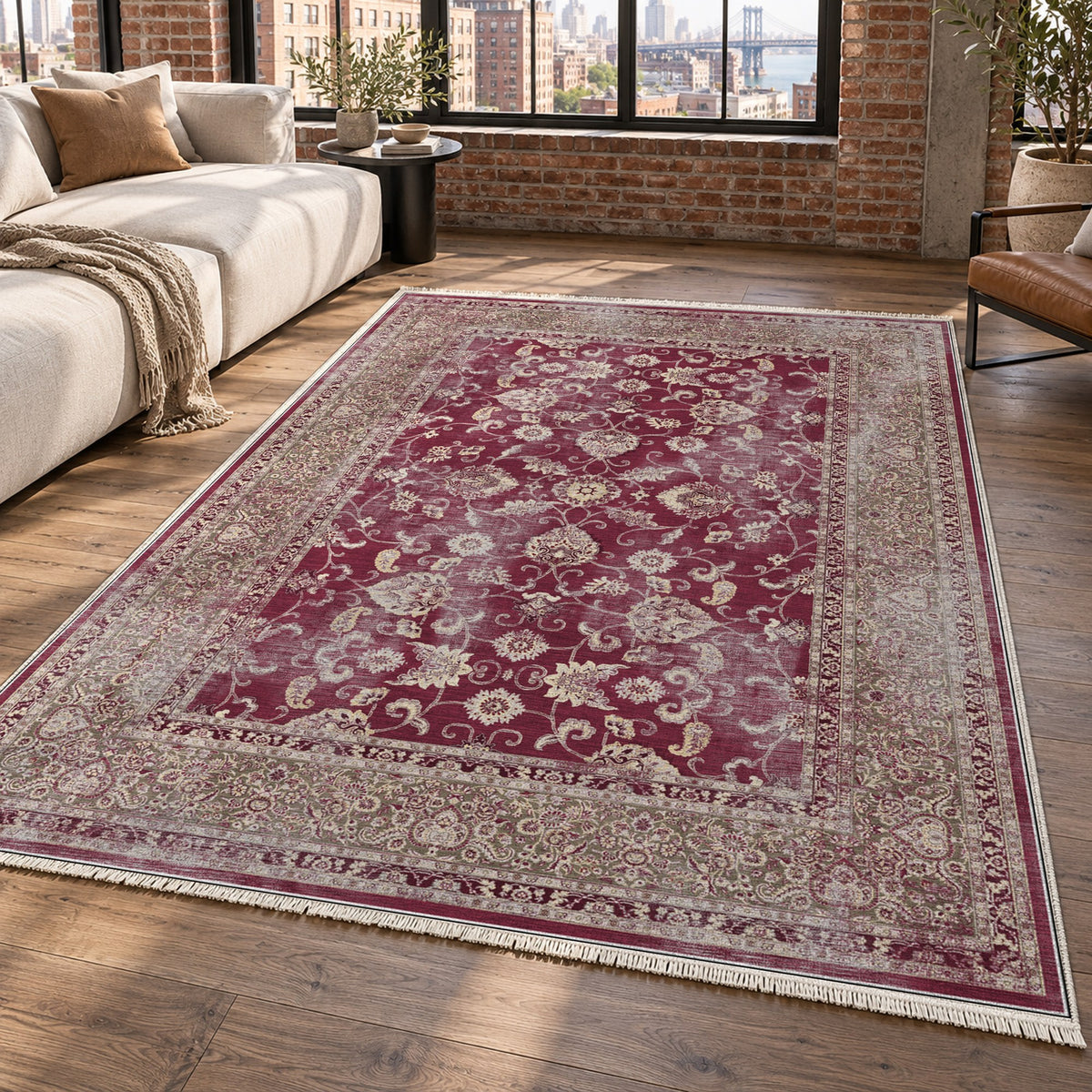 Faded Heriz Burgundy Red Vintage Washable Rug — new york living