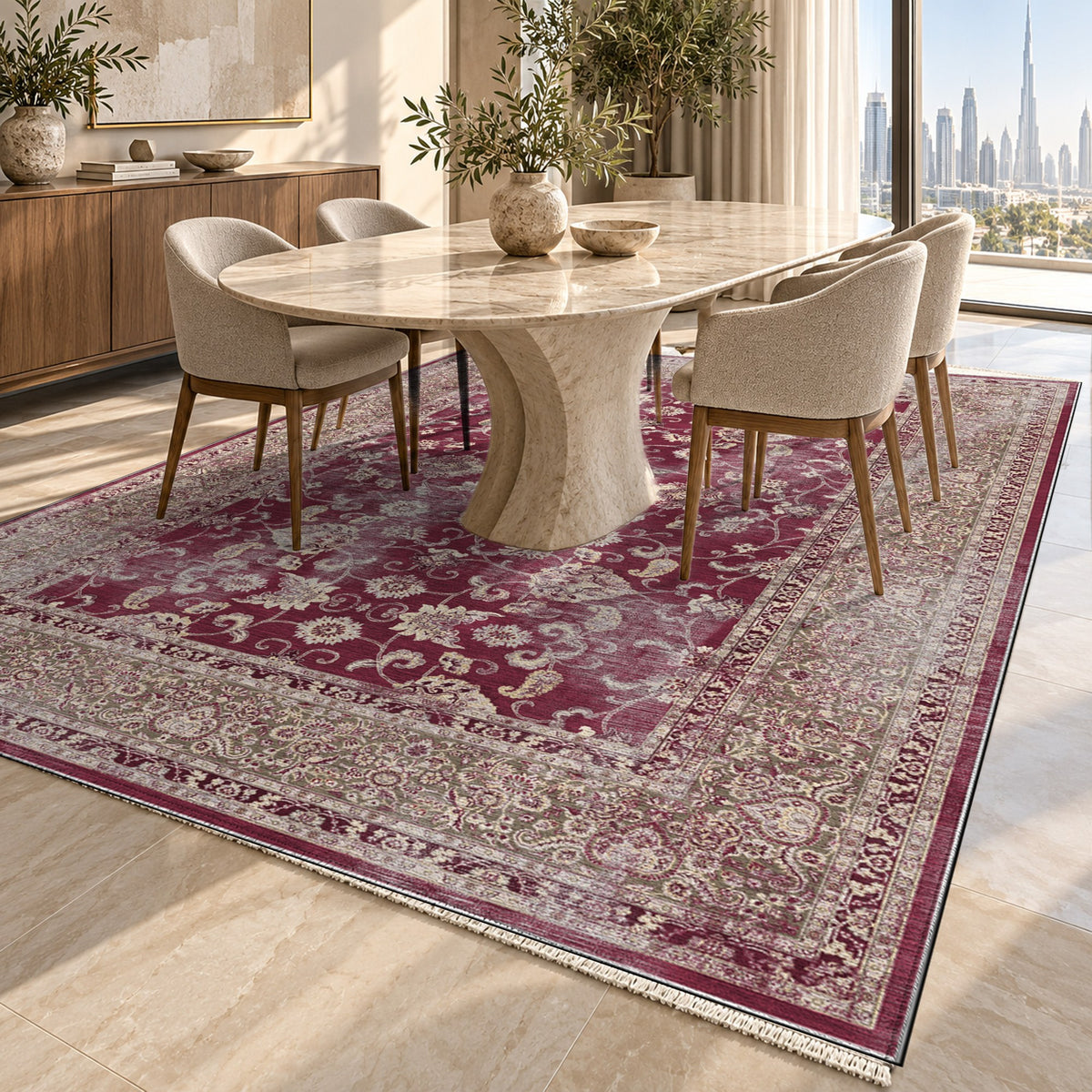Faded Heriz Burgundy Red Vintage Washable Rug — dubai dining