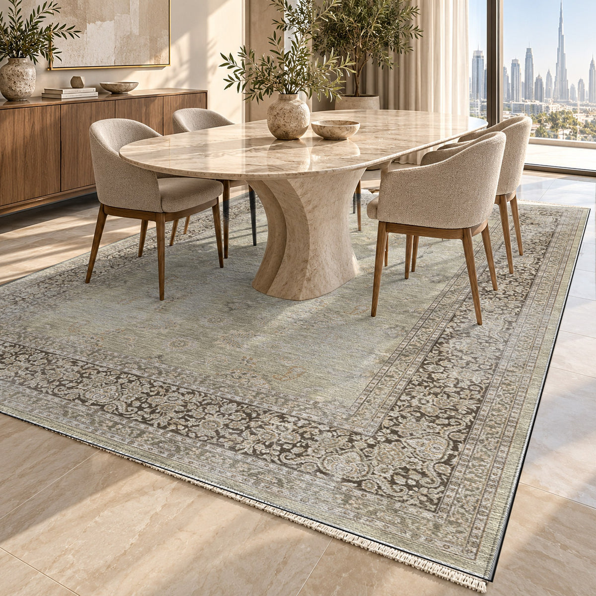 Faded Heriz Cream Vintage Washable Rug — dubai dining