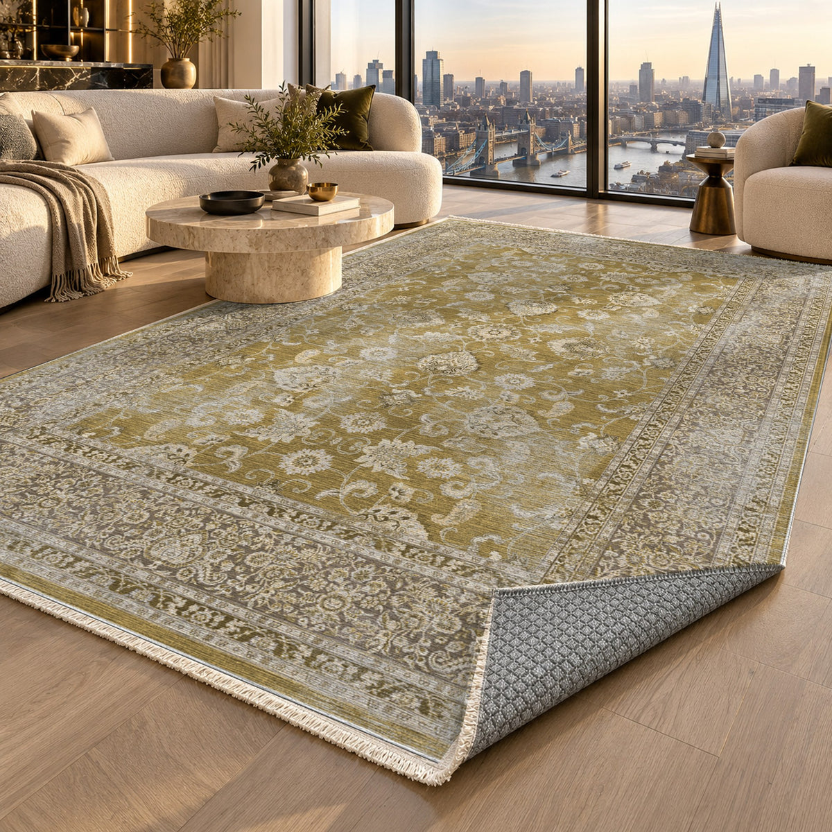 Faded Heriz Muted Gold Vintage Washable Rug — london luxury living