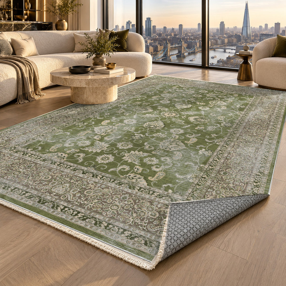 Faded Heriz Olive Vintage Washable Rug — london luxury living