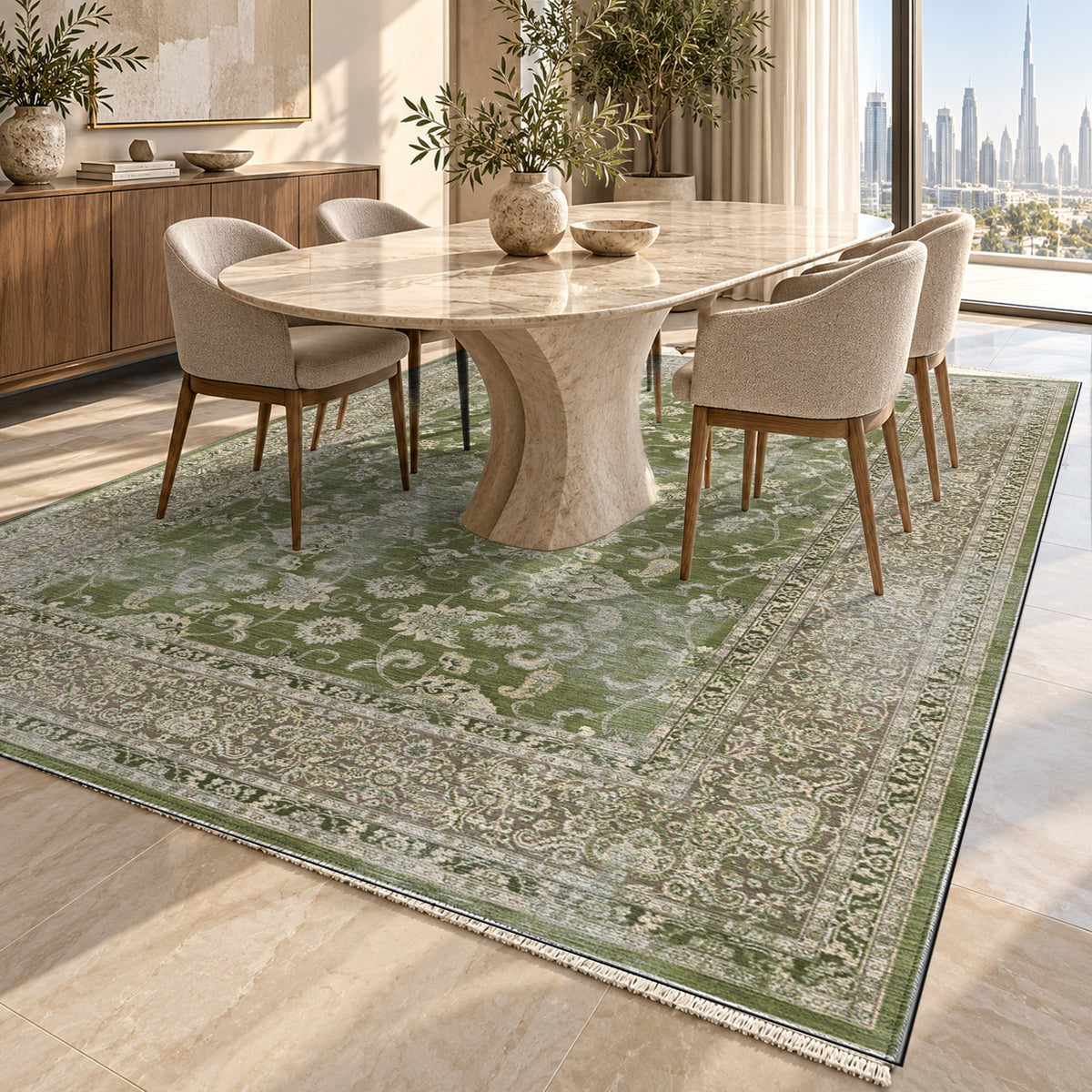 Faded Heriz Olive Vintage Washable Rug — dubai dining
