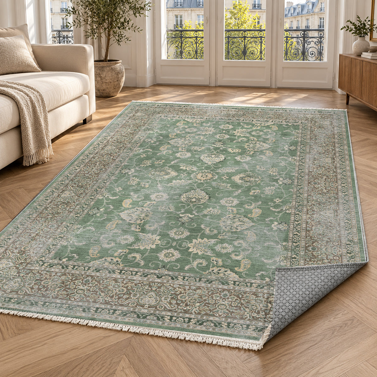 Faded Heriz Sage Vintage Washable Rug — paris living