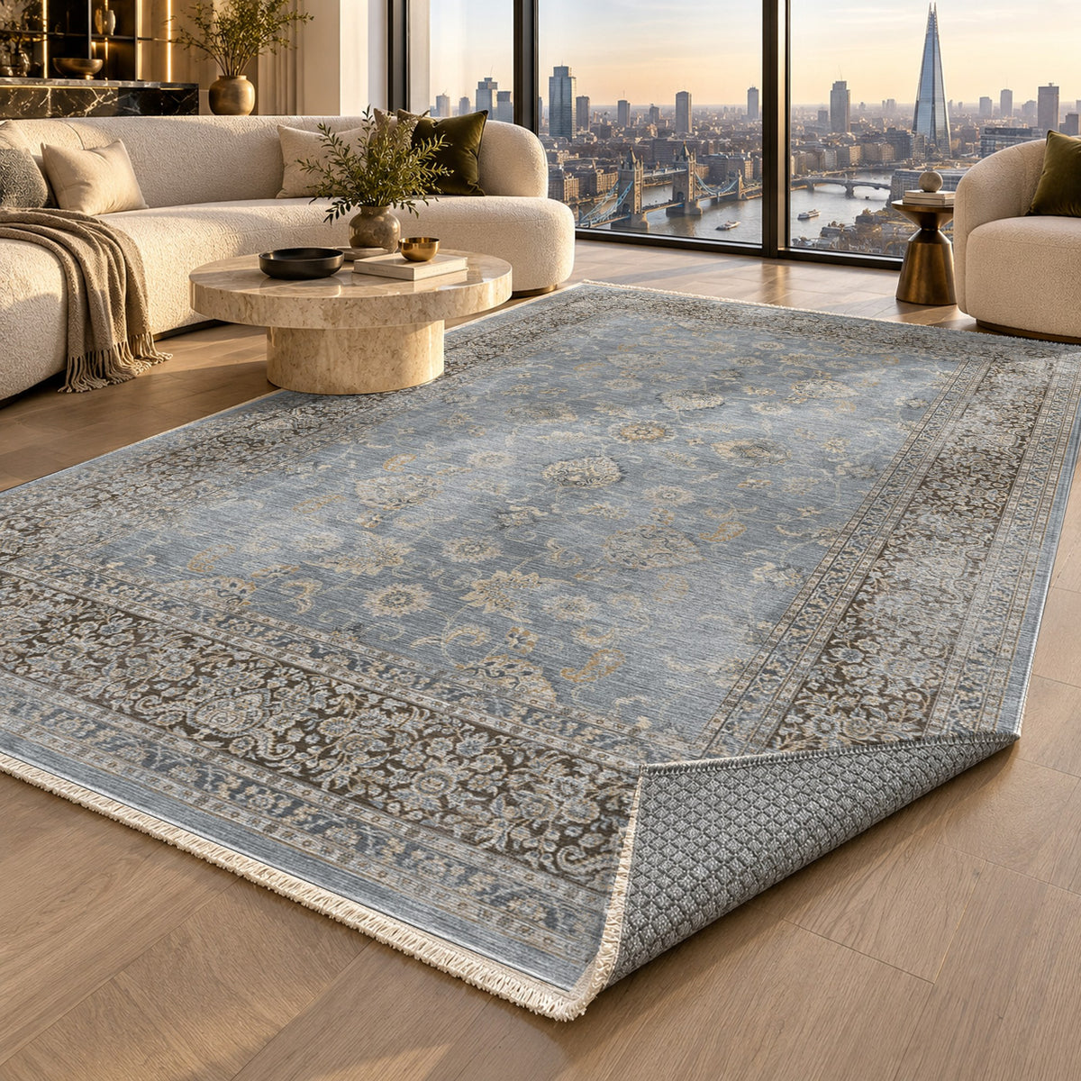 Faded Heriz Silver Grey Vintage Washable Rug — london luxury living