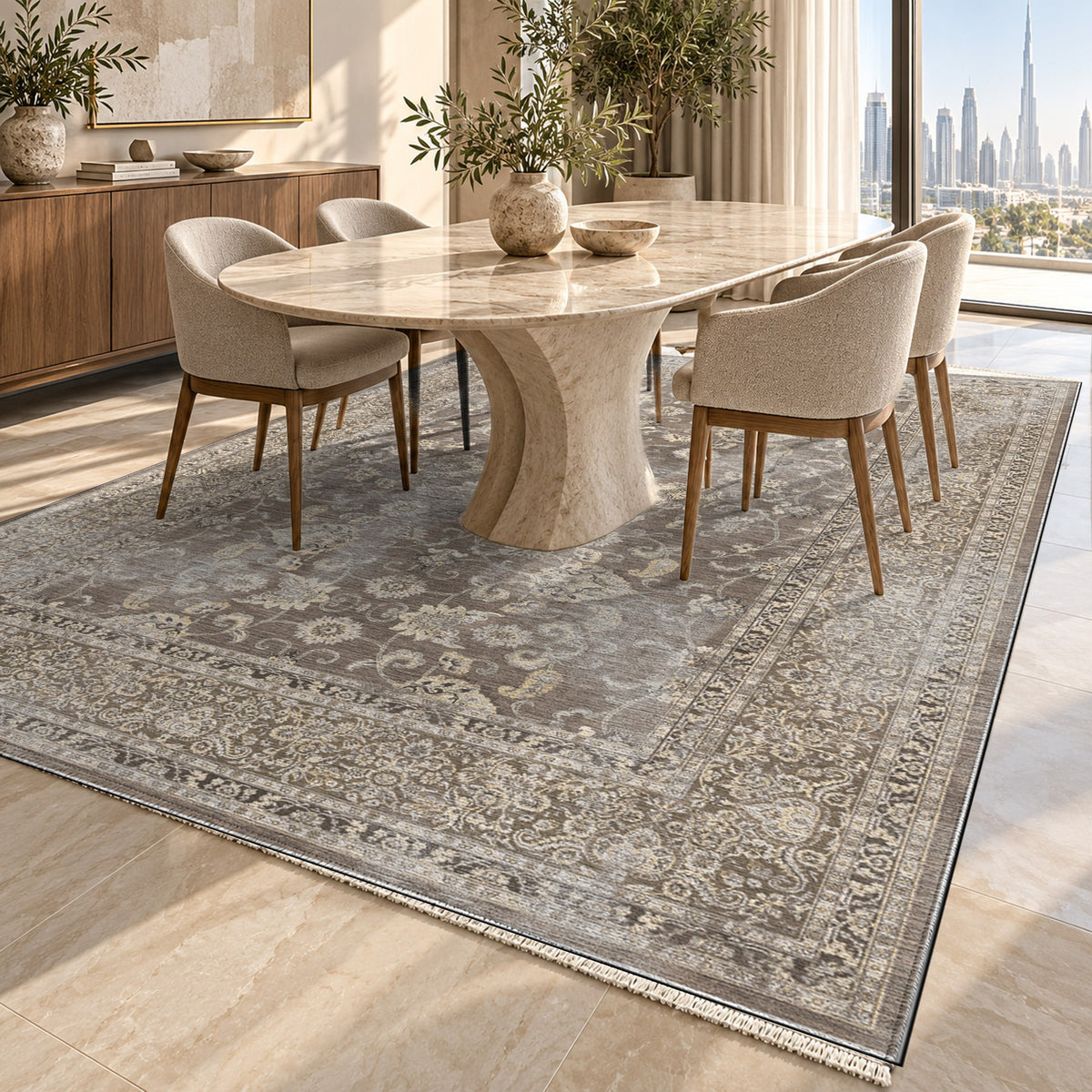 Faded Heriz Taupe Vintage Washable Rug — dubai dining