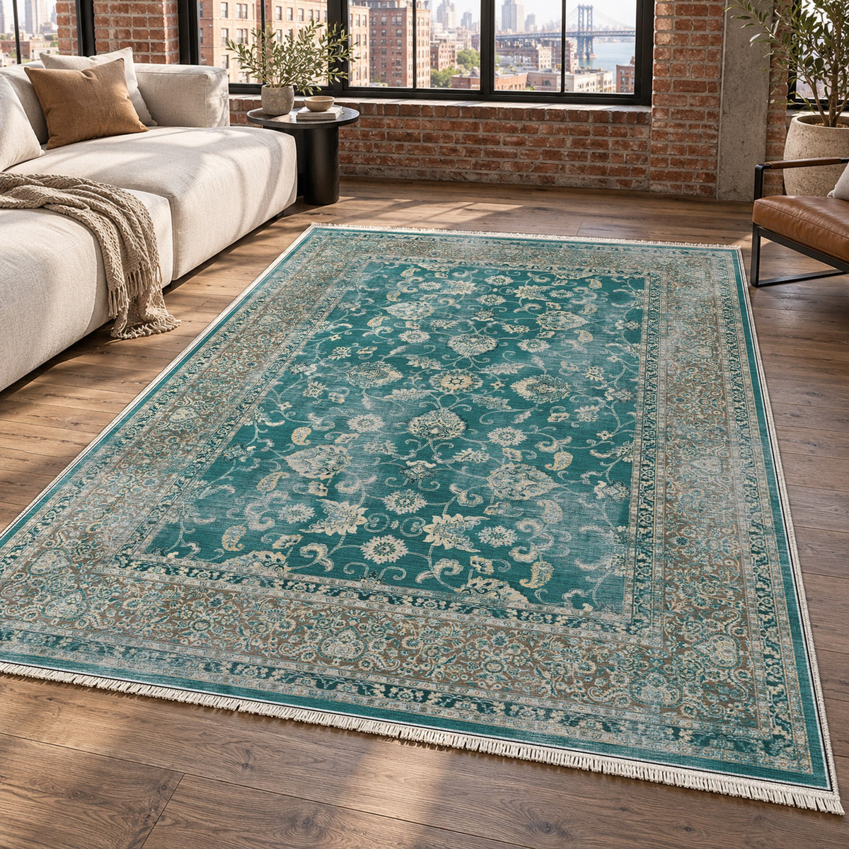 Faded Heriz Teal Vintage Washable Rug — new york living