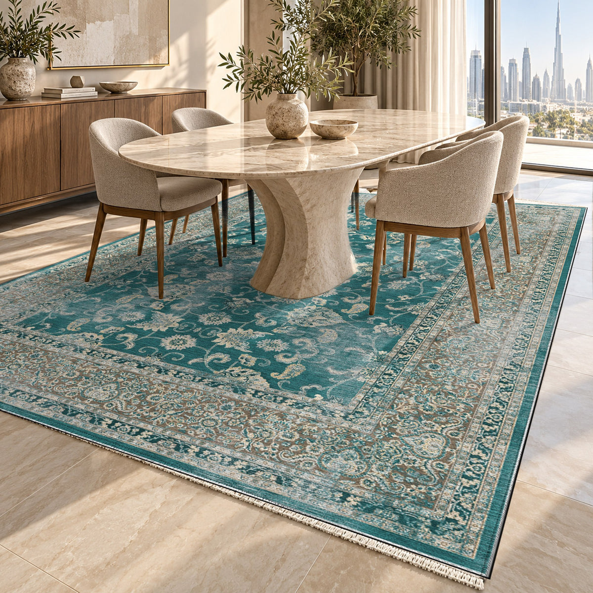 Faded Heriz Teal Vintage Washable Rug — dubai dining