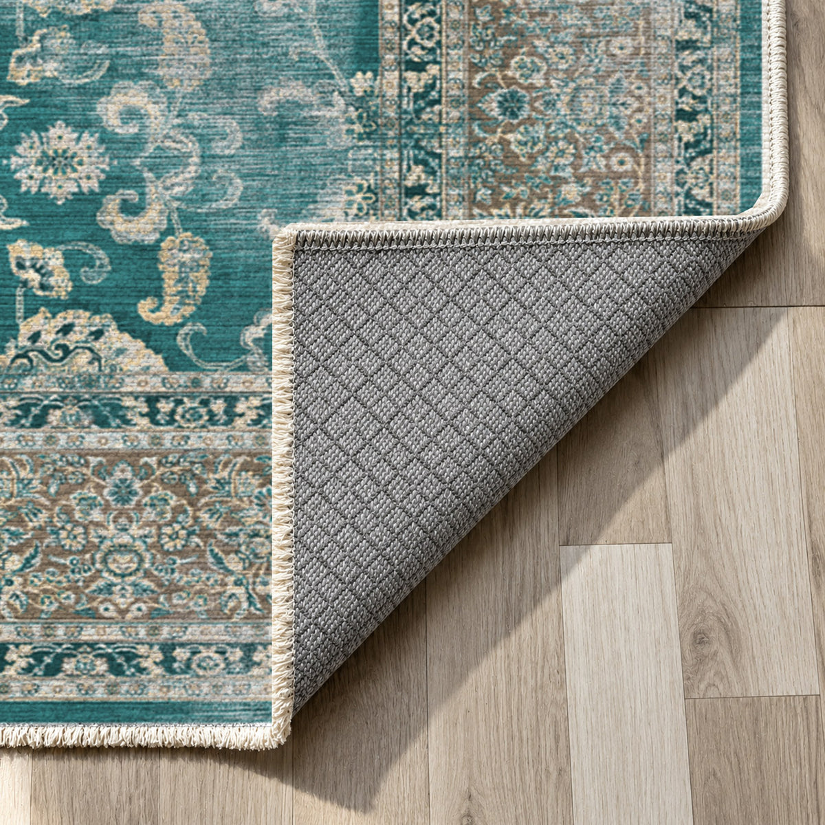 Faded Heriz Teal Vintage Washable Rug — backing close up